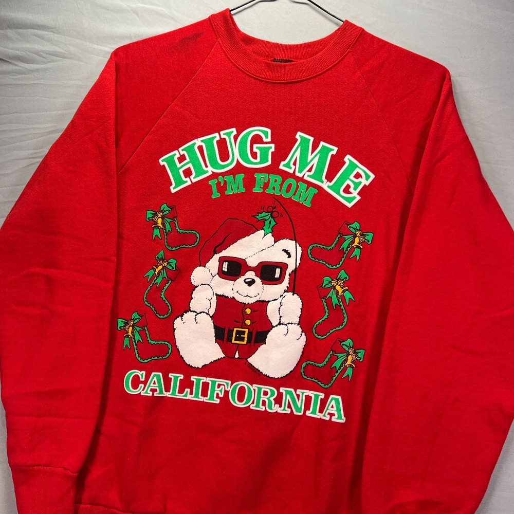 Vintage Christmas Sweatshirt Mens Large Red Raglan Crewneck Ugly California 90s